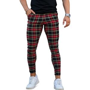 NWT - GINGTTO Mens Casual Pants Slim Fit Stretch Pants for Men - Red Plaid